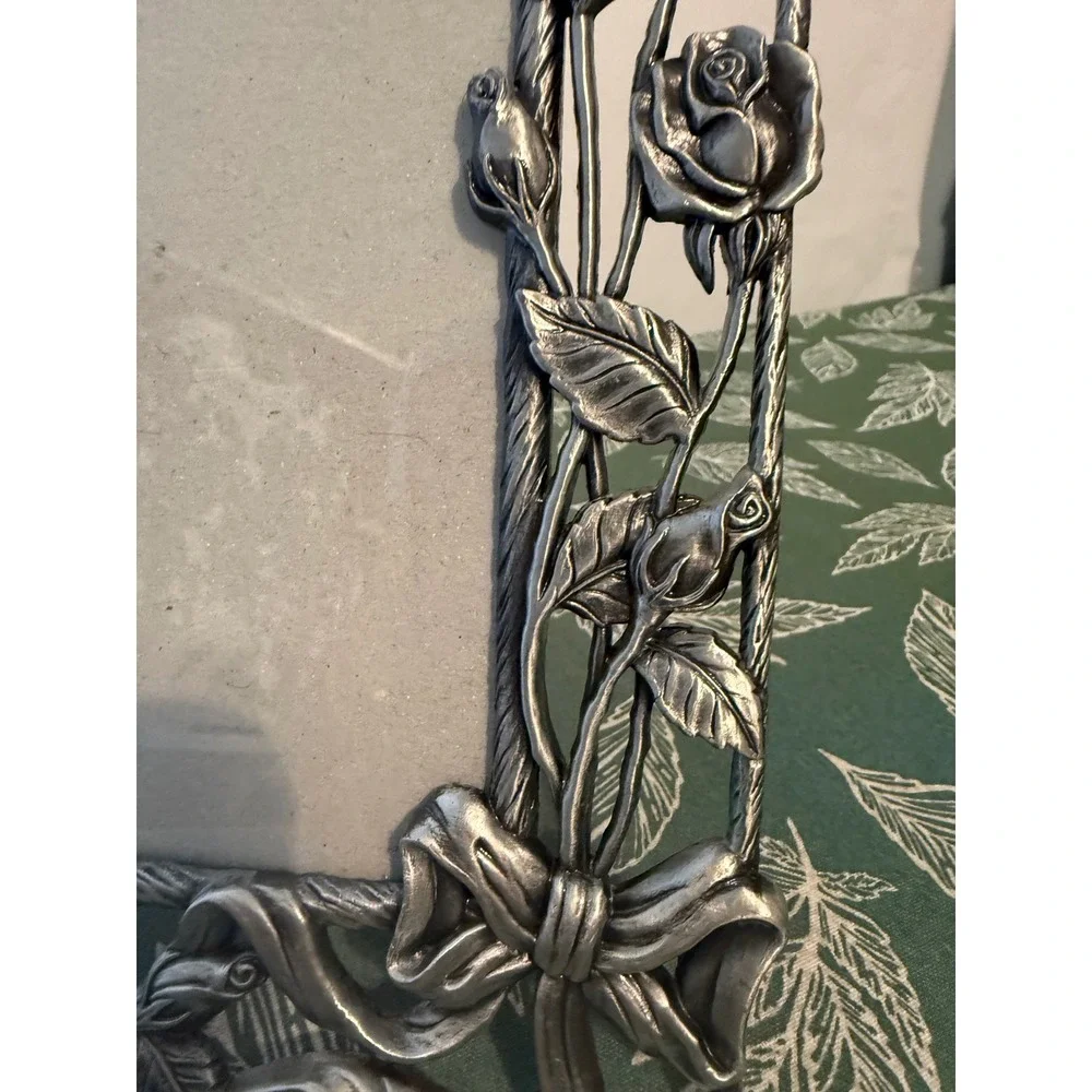 Vintage Style Pewter Tone Rose Floral 5x7 Picture Frame Ornate 3D Metal Silver